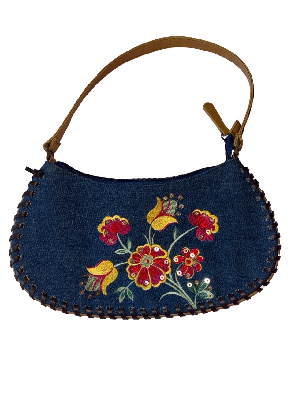 Embroidered Denim Shoulder Bag with Tan Handle